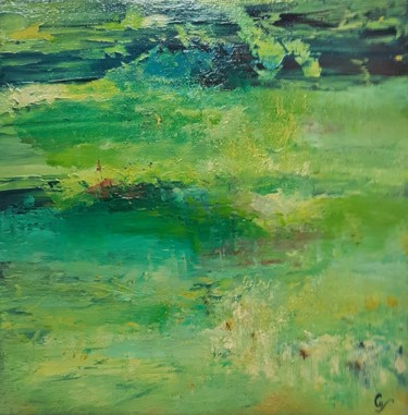 Painting titled "HORIZON N°61 L'ISLE…" by Corinne Foucouin, Original Artwork, Oil Mounted on Wood Stretcher frame