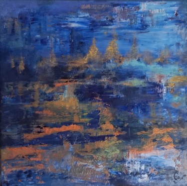 Painting titled "HORIZON N°66 L'ISLE…" by Corinne Foucouin, Original Artwork, Oil Mounted on Wood Stretcher frame