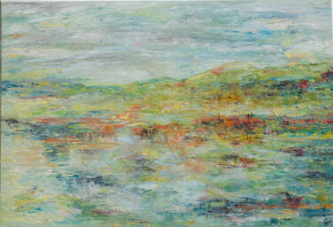 Painting titled "La baie" by Corinne Foucouin, Original Artwork, Oil Mounted on Wood Stretcher frame