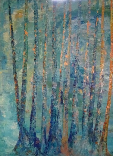 Painting titled "Aqua" by Corinne Foucouin, Original Artwork, Oil Mounted on Wood Stretcher frame