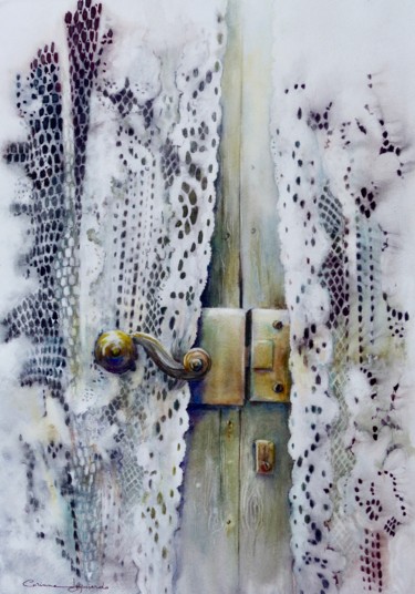 Schilderij getiteld ""Rideau dentelle"" door Corinne Izquierdo, Origineel Kunstwerk, Aquarel Gemonteerd op Houten paneel