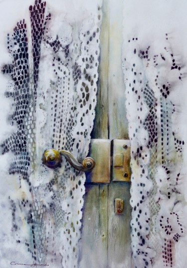 Painting titled ""Rideau dentelle"" by Corinne Izquierdo, Original Artwork, Watercolor Mounted on Wood Panel