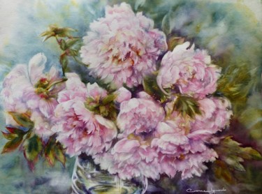 Painting titled "Pivoines1/20" by Corinne Izquierdo, Original Artwork, Watercolor Mounted on Wood Panel