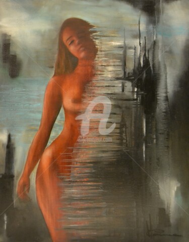 Painting titled "A moitié" by Corinne Marino, Original Artwork, Oil