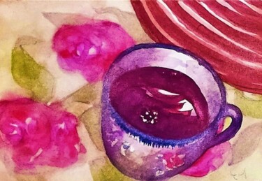 Pintura intitulada "La tasse de cacao" por Corinne'S Artcolorsimages, Obras de arte originais, Aquarela