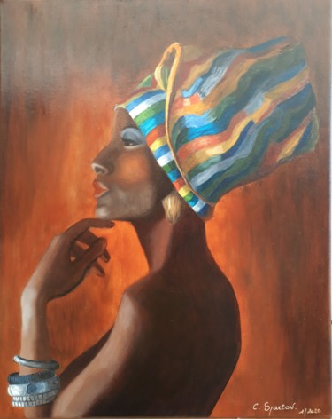 Painting titled "Princesse Africaine" by Corinne Sparton (Sparco), Original Artwork, Oil Mounted on Wood Stretcher frame