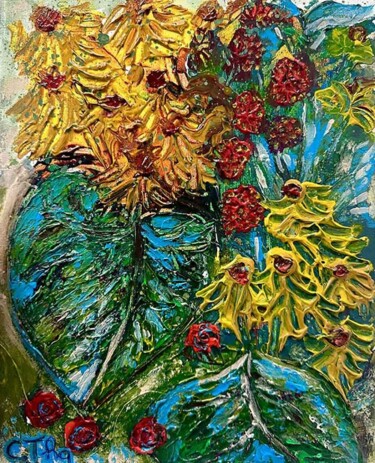 Schilderij getiteld "Éclosion végétale" door Corinne Thinque, Origineel Kunstwerk, Acryl Gemonteerd op Frame voor houten bra…