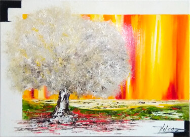 Картина под названием "L’amandier" - Corinne Vilcaz, Подлинное произведение искусства, Масло Установлен на Деревянная рама д…