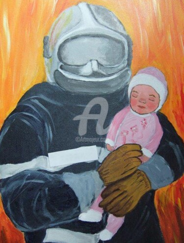 Peinture intitulée "pompier avec bébé" par Coco, Œuvre d'art originale