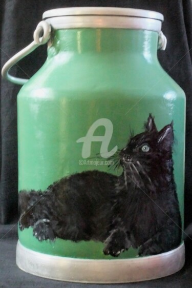 Peinture intitulée "chat noir sur pot à…" par Coco, Œuvre d'art originale