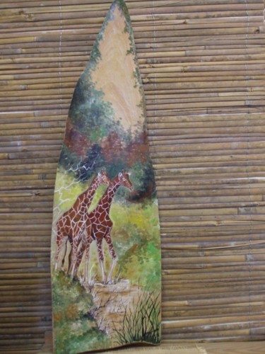 Peinture intitulée "girafes sur bois" par Corinne Lasséré, Œuvre d'art originale, Gouache