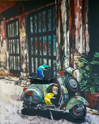 Painting titled ""Virée à l'italienn…" by Corinne Saboureux, Original Artwork, Oil Mounted on Wood Stretcher frame