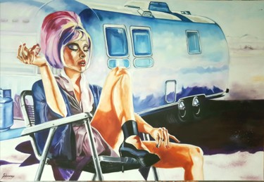 Painting titled "'L'Airstream"" by Corinne Saboureux, Original Artwork, Oil Mounted on Wood Stretcher frame