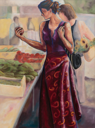 Painting titled "Le Marché" by Corinne Saboureux, Original Artwork, Oil Mounted on Wood Stretcher frame