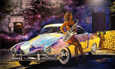 Painting titled ""Karmann in Jazz"" by Corinne Saboureux, Original Artwork, Oil Mounted on Wood Stretcher frame