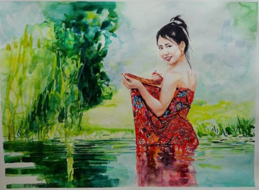 Painting titled "Thai Woman in the r…" by Philippe Cormault, Original Artwork, Watercolor
