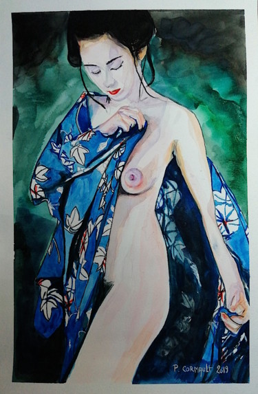 Pittura intitolato "Miki Takakura kimon…" da Philippe Cormault, Opera d'arte originale, Acquarello