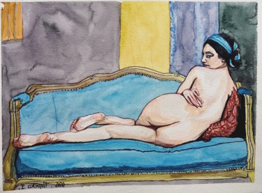 Рисунок под названием "Grande Odalisque, d…" - Philippe Cormault, Подлинное произведение искусства, Акварель
