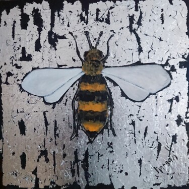 Painting titled "Silver bee hand mad…" by Cornelia Margan, Original Artwork, Oil Mounted on Wood Stretcher frame