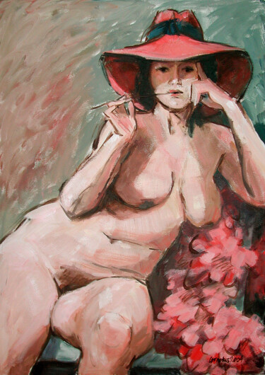 Peinture intitulée "Nude with red hat" par Cornelis Heilig (Cornelus), Œuvre d'art originale, Huile