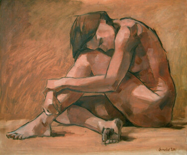 Painting titled "Sitting nude" by Cornelis Heilig (Cornelus), Original Artwork, Oil