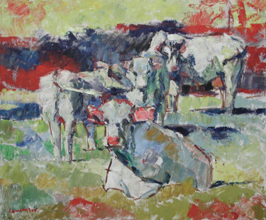 Peinture intitulée "Cows with their yea…" par Cornelis Heilig (Cornelus), Œuvre d'art originale, Huile