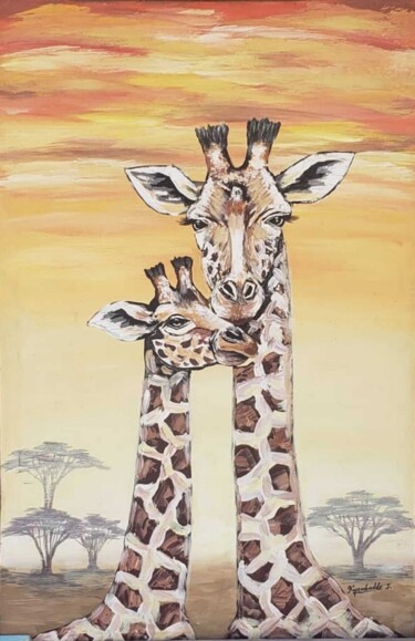 Painting titled "Giraffe love" by Cornelius Mugisha, Original Artwork, Acrylic