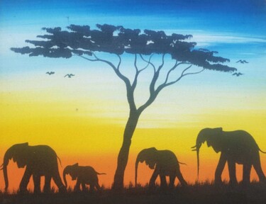 Schilderij getiteld "Sunset elephants" door Cornelius Mugisha, Origineel Kunstwerk, Acryl