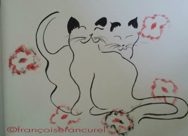 Drawing titled "♥ Chats en Amour ♥1…" by Françoise Lanfroy-Rancurel, Original Artwork, Ink