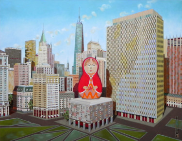 Malarstwo zatytułowany „Matriosca in New Yo…” autorstwa Federico Cortese, Oryginalna praca, Olej Zamontowany na Drewniana ra…
