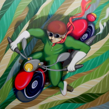 Ζωγραφική με τίτλο "Motorcycle" από Federico Cortese, Αυθεντικά έργα τέχνης, Λάδι Τοποθετήθηκε στο Ξύλινο φορείο σκελετό