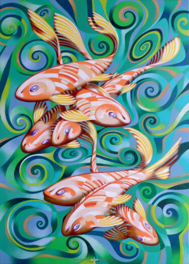 Painting titled "Gold fish" by Federico Cortese, Original Artwork, Oil Mounted on Wood Stretcher frame