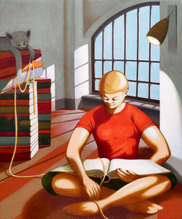 Painting titled "The reading room 3" by Federico Cortese, Original Artwork, Oil Mounted on Wood Stretcher frame