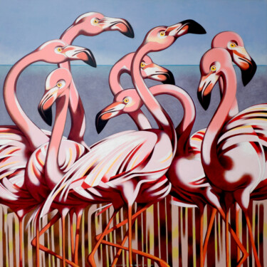 Painting titled "Flamingoes" by Federico Cortese, Original Artwork, Oil Mounted on Wood Stretcher frame