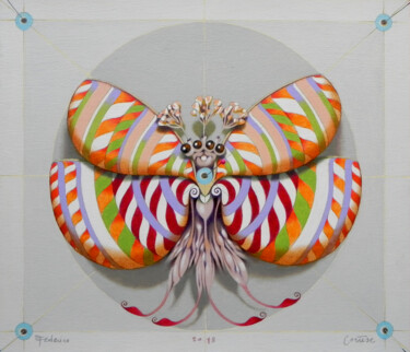 Painting titled "circular butterfly V" by Federico Cortese, Original Artwork, Oil Mounted on Wood Panel