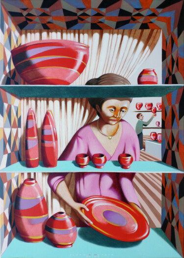 Painting titled "The shop window" by Federico Cortese, Original Artwork, Oil Mounted on Wood Stretcher frame