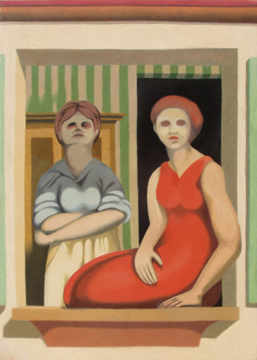 Painting titled "two women at the ba…" by Federico Cortese, Original Artwork, Oil