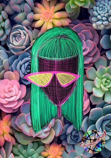 Картина под названием "Wig Flowers & sungl…" - Cosmoarty, Подлинное произведение искусства, Цифровой коллаж