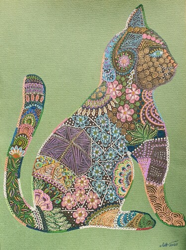 Рисунок под названием "Мистическая кошка в…" - Людмила Абрамова, Подлинное произведение искусства, Гелевая ручка Установлен…