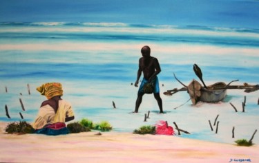Peinture intitulée "Pêcher  à Zamzibar" par Dominique Cossenet, Œuvre d'art originale, Huile