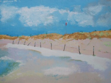 Painting titled "Plage avec le drape…" by Pierre-Marie Coiteux, Original Artwork, Oil Mounted on Wood Stretcher frame