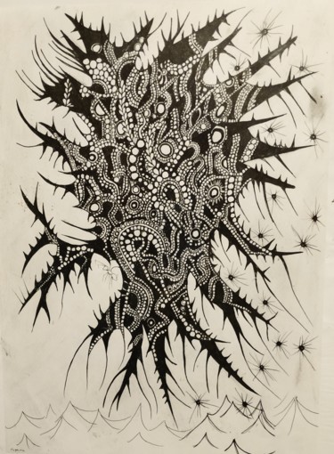 Drawing titled "Butterfly God Undine" by Antonio Angelo, Original Artwork, Ink Mounted on Glass