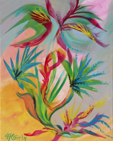 Painting titled "Fleurs tropicales" by Myriam Courty, Original Artwork, Acrylic Mounted on Wood Stretcher frame