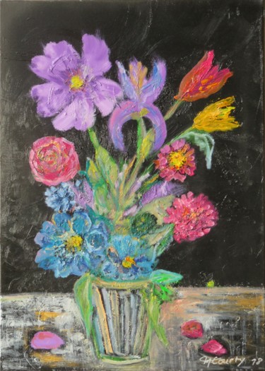 Картина под названием "Roses et pivoines" - Myriam Courty, Подлинное произведение искусства, Масло Установлен на Деревянная…
