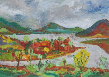 Schilderij getiteld "Lac du Salagou" door Myriam Courty, Origineel Kunstwerk, Acryl Gemonteerd op Frame voor houten brancard