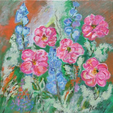 Peinture intitulée "pivoines et delphin…" par Myriam Courty, Œuvre d'art originale, Acrylique Monté sur Châssis en bois