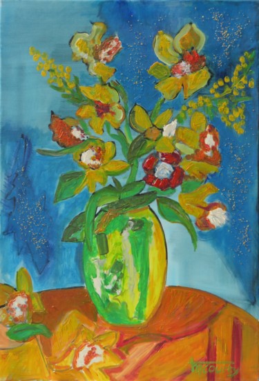 Schilderij getiteld "jonquilles" door Myriam Courty, Origineel Kunstwerk, Acryl Gemonteerd op Frame voor houten brancard