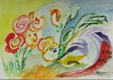 Peinture intitulée "fleurs et feuillage…" par Myriam Courty, Œuvre d'art originale, Aquarelle