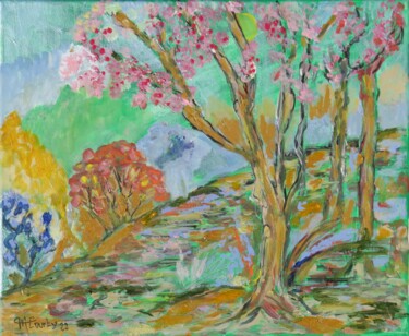 Painting titled "Cerisier en fleurs" by Myriam Courty, Original Artwork, Oil Mounted on Wood Stretcher frame