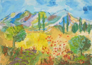 Schilderij getiteld "les alpilles" door Myriam Courty, Origineel Kunstwerk, Acryl Gemonteerd op Frame voor houten brancard